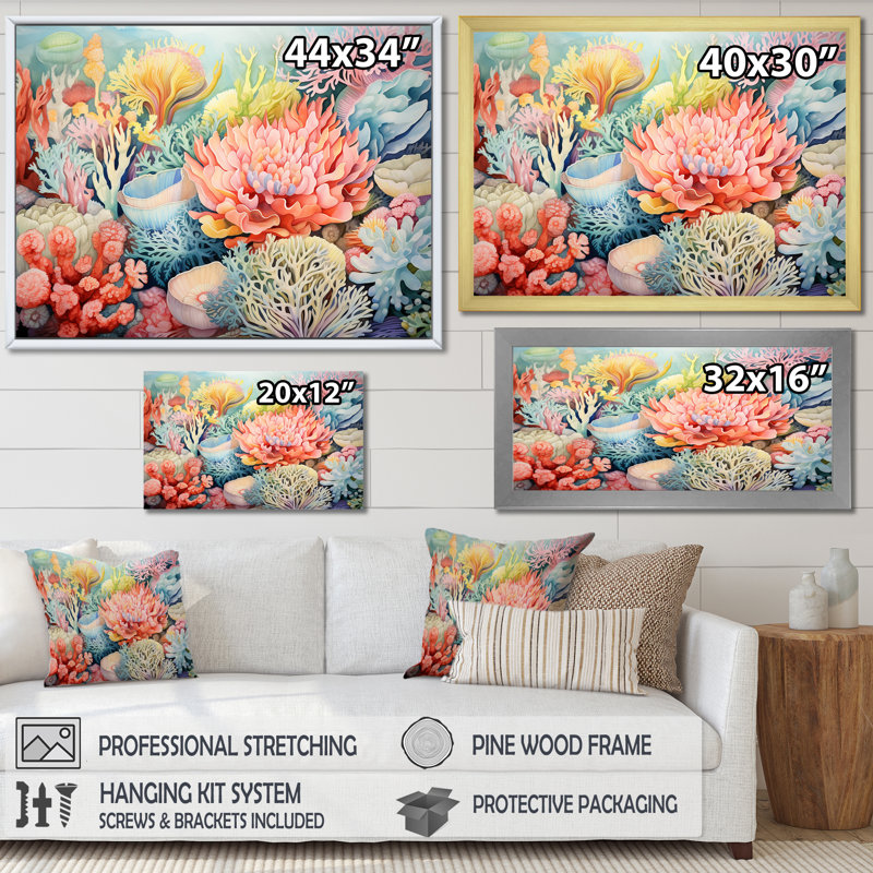«The Colorful Coral Reef Happiness I» - art mural corail sous l'eau, 30" H x 40" W, Cadre flottant doré