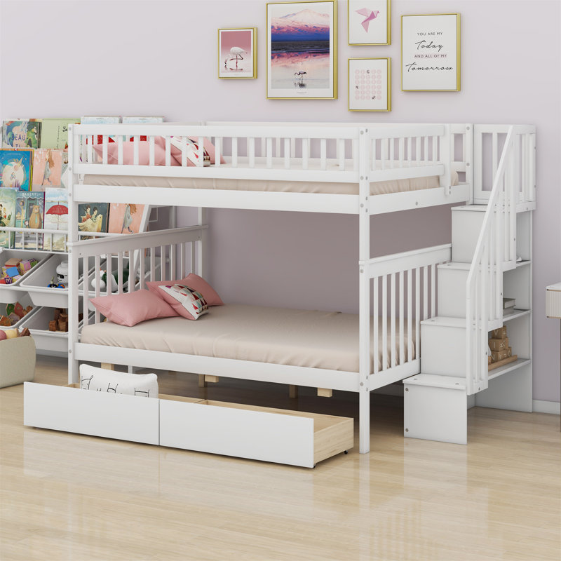 Bunk Bed With Two Drawers And Storage Stair, White