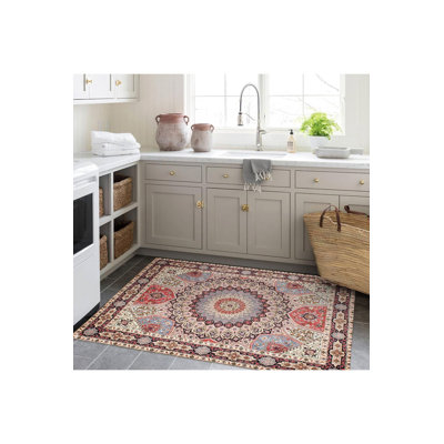 Machine Washable  Multicolor Ancient Patterned Woven Base Modern Decorative Rug