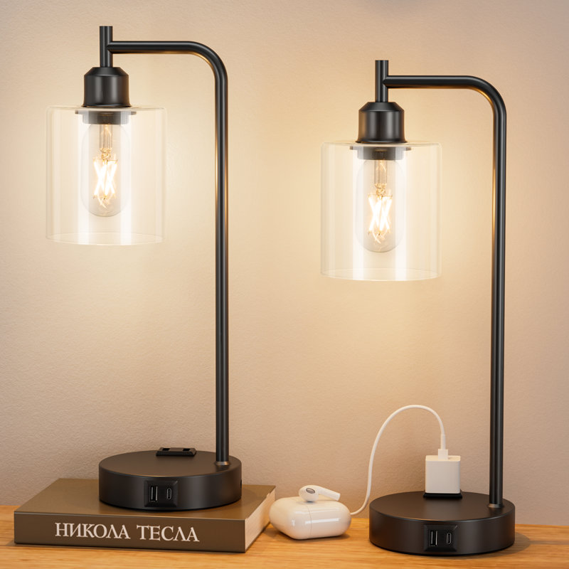 Ensemble de lampes de table 16,5 po en verre industriel avec contrôle tactile, prise de courant et USB A&C, Noir