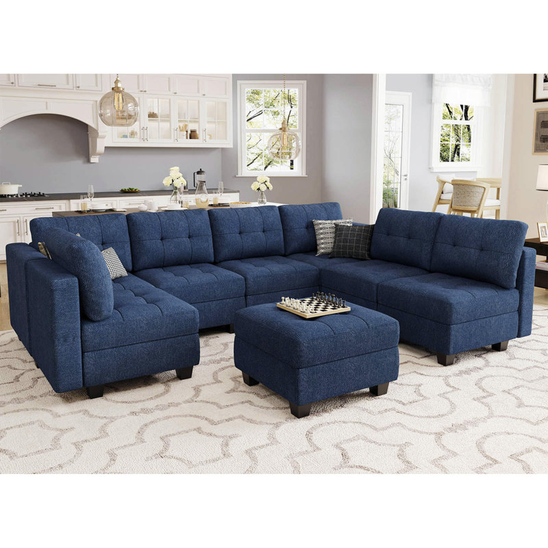 Ashbury Ivery 116.6'' U Shaped Couch Modular Polyester Blend Sectional Sofa with Cushions, Blue Polyester Blend