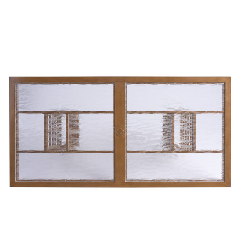 Brown Leather-Like Bamboo Rectangular Dining Table with Wavy Glass Top