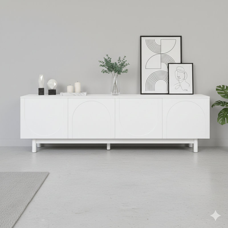 Élégant meuble télé blanc avec portes d'armoire arquées, conçu pour les téléviseurs jusqu'à 78 pouces. Un centre de divertissement minimaliste avec des pieds en bois massif et des tablettes réglables pratiques pour le salon.