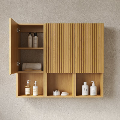 41" Bathroom Wall Mounted Cabinet, Composed Of 3 Cabinets With Doors And Open Compartments, Can Be Used In Combination Or Individually, Suitable For Bathroom, Etc., Corolla Oak Woodgrain Color