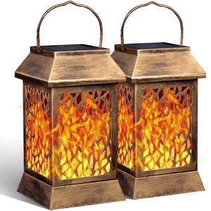 8.7" Solar Powered Integrated LED Outdoor Lantern, Flickering Flame (2 Pack Bronze) Upgraded Metal (damaged)