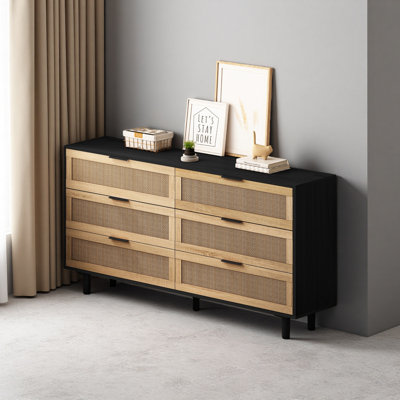 Armoire de rangement 59,6 po à 6 tiroirs avec tiroir en rotin, pour chambre à coucher et salon