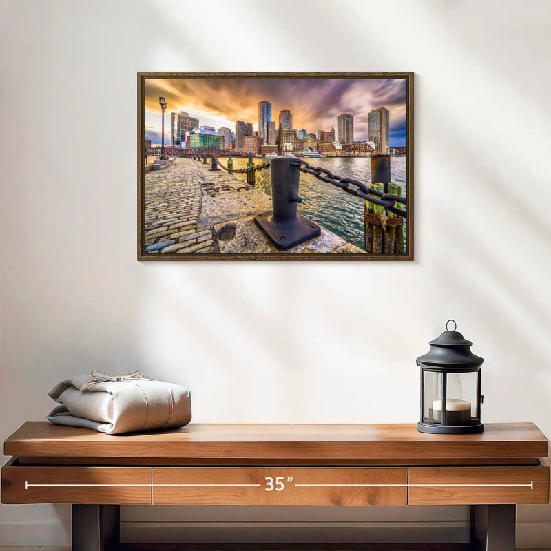 Port de Boston, Massachusetts, 19 po x 13 po, Cadre flottant noyer