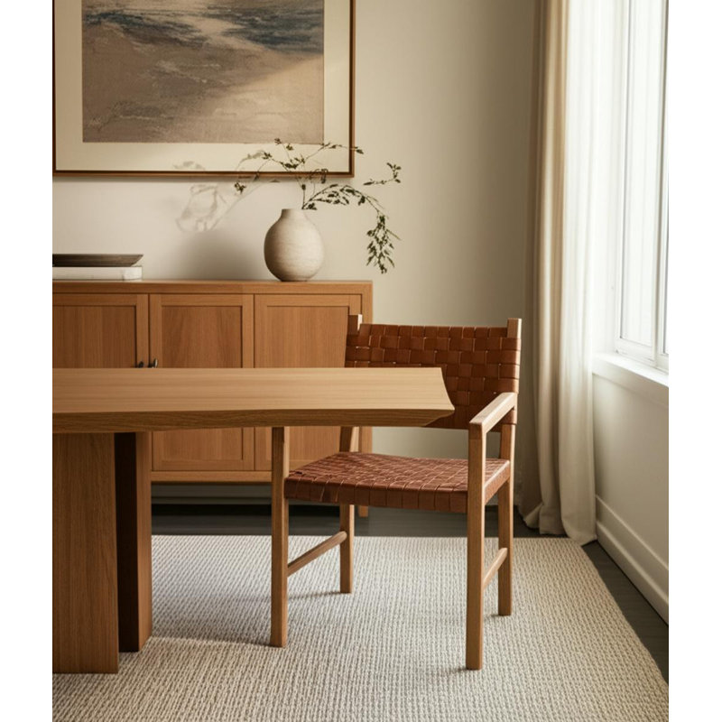 Chaise de salle à manger en cuir tressé brun et bois massif