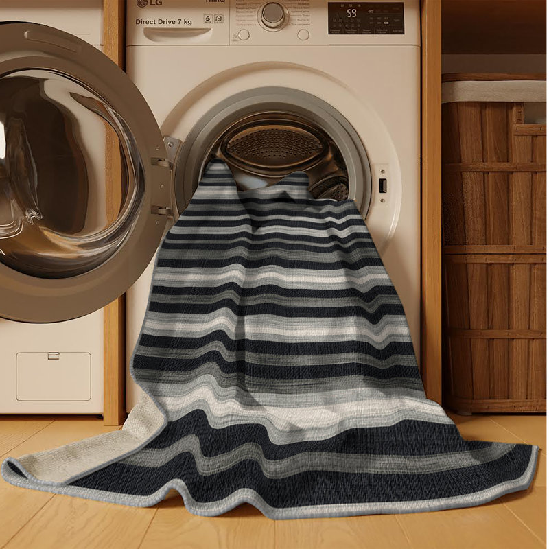 Washable Graphite Light Gray Striped Area Rug, Square 6'