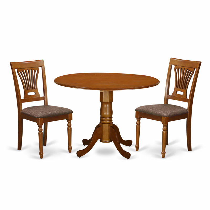 3 Piece Dining Room Table Set Contains a Round Kitchen Table with Dropleaf and 2 Linen Fabric Upholstered Dining Chairs, 42x42 Inch, Saddle Brown