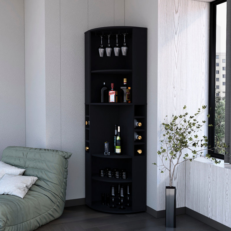 Black Corner Bar Cabinet With 5 Large Shelves - Stores Glassware & Liquors, Construction, Enhances Living Room Storage Holds Wine, Liquor Glassware, Wood,
