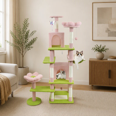 Arbre à chat 71 pouces avec grande maisonnette, coussin amovible et hamac pour grands chats