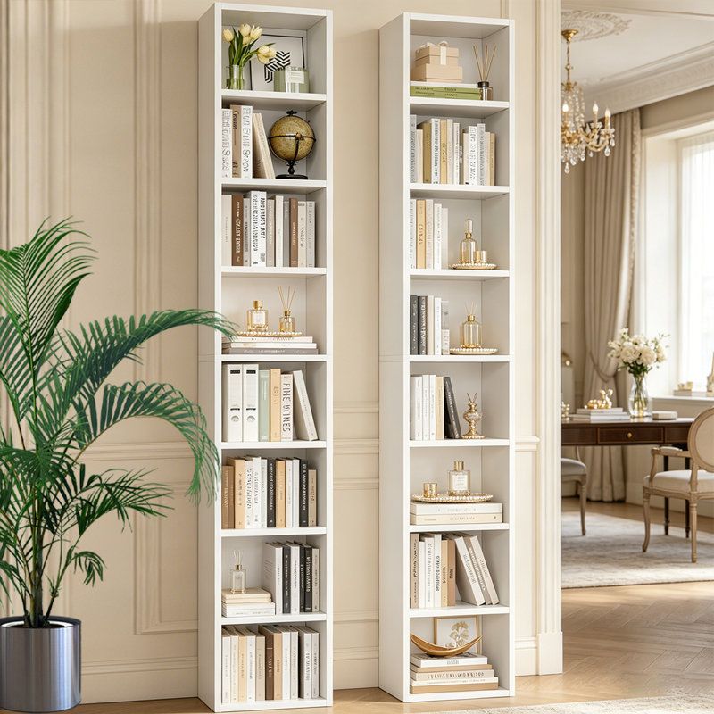 2 tablettes de 71 po de hauteur, bibliothèque étroite à 8 niveaux avec tablettes réglables, Blanc