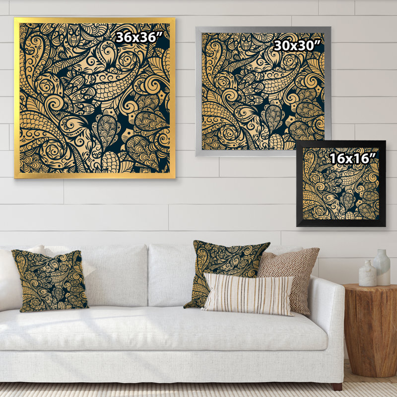 Cachemire jaune sur fond noir - impression sur toile, H 36 po x l 36 po x P 1,5 po, Cadre doré à coins fermés