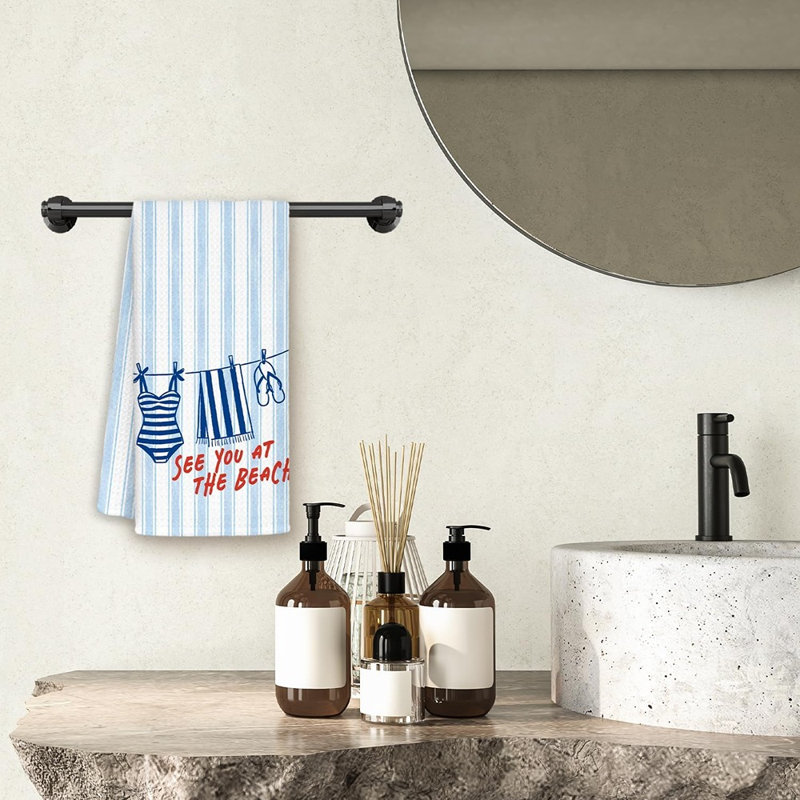 Serviettes de cuisine Blue Summer Beach, décor de petite-fille de bord de mer bleu, serviettes à vaisselle rayées décoratives «See You At The Beach» pour salle de bain, 16 x 24 po