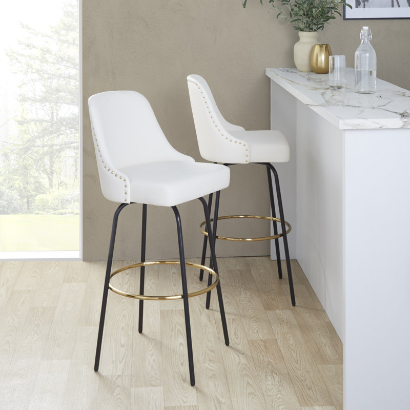 Tabouret de bar clouté à hauteur fixe avec pieds en métal et repose-pieds rond - ensemble de 2, Noir et or, Blanc