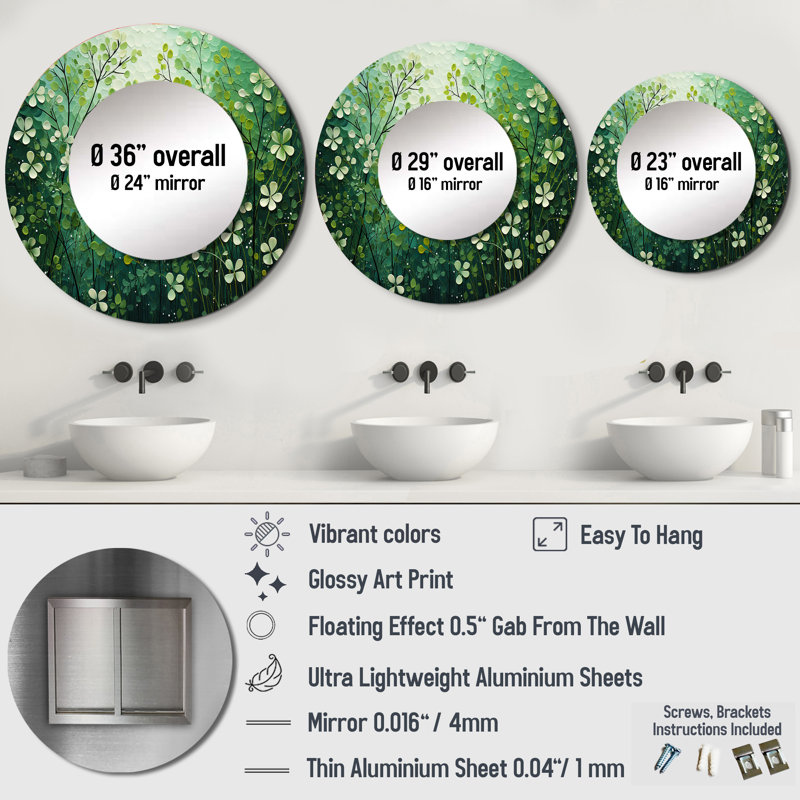Santoya White And Green Herbs Symphony II - Herbs Mirror, Traditional Round Unique Wall Mirror, Printed Metal Art, 23" x 23"