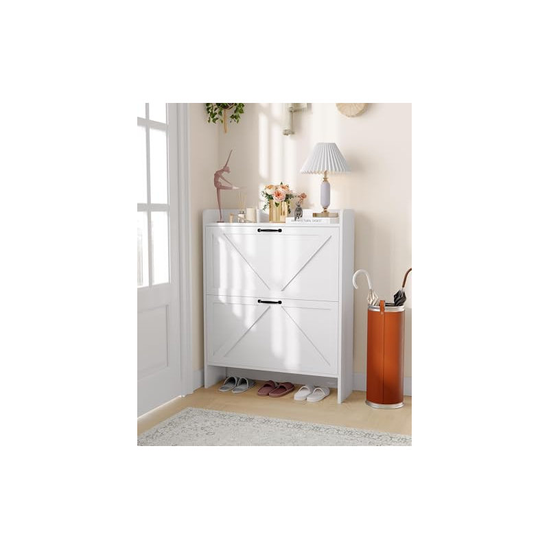 Shoe Cabinet with 3 Flip Drawers, Wooden Shoe Organizer Cabinet with Adjustable Shelf, White