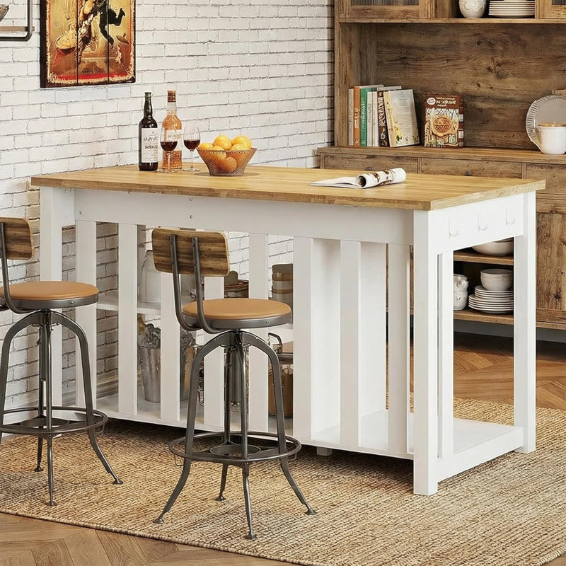 59”W White Farmhouse Kitchen Island with Fridge Space and Outlets, 59"W