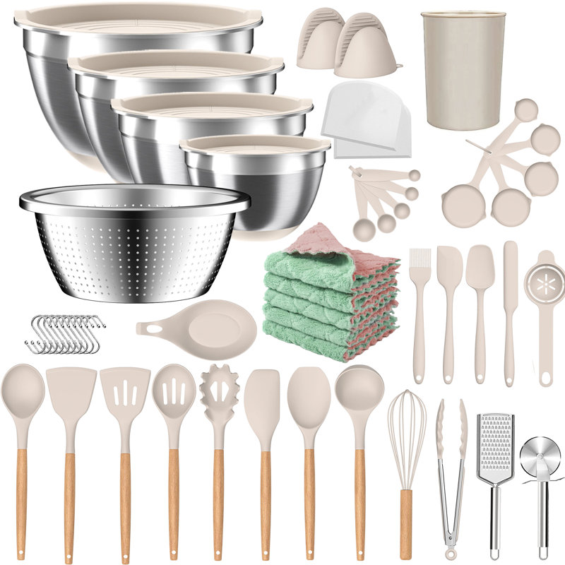 23 pièces de batterie de cuisine en silicone, ensemble de cuisine, batterie de cuisine antiadhésive sans BPA, 4 bols et passoire en acier inoxydable