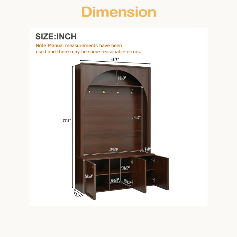 Farmhouse All-In-One Hall Tree With Adjustable Shelves, Retro Arched Entryway Storage Bench With 3 Cabinets, Walnut