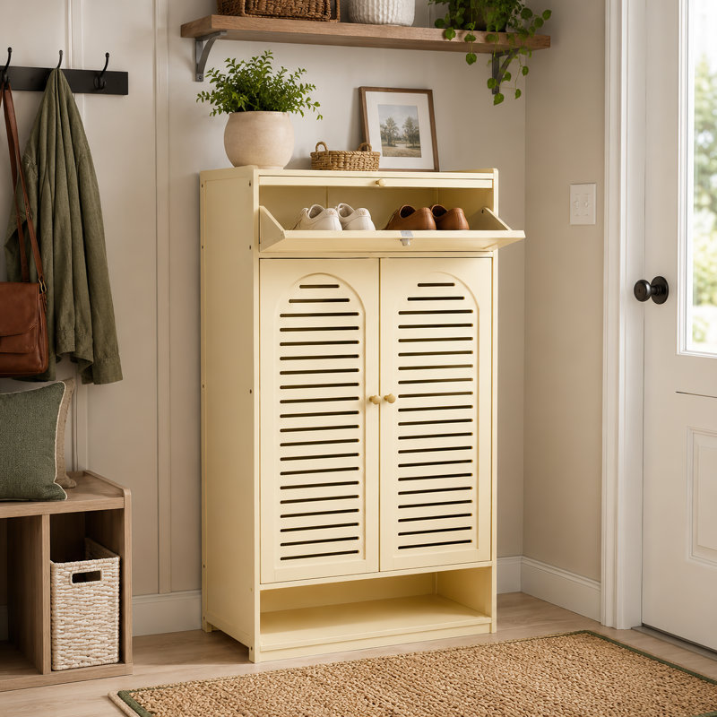 Grande armoire à chaussures crème avec tiroirs et portes persiennes, tablettes réglables, pour hall d'entrée
