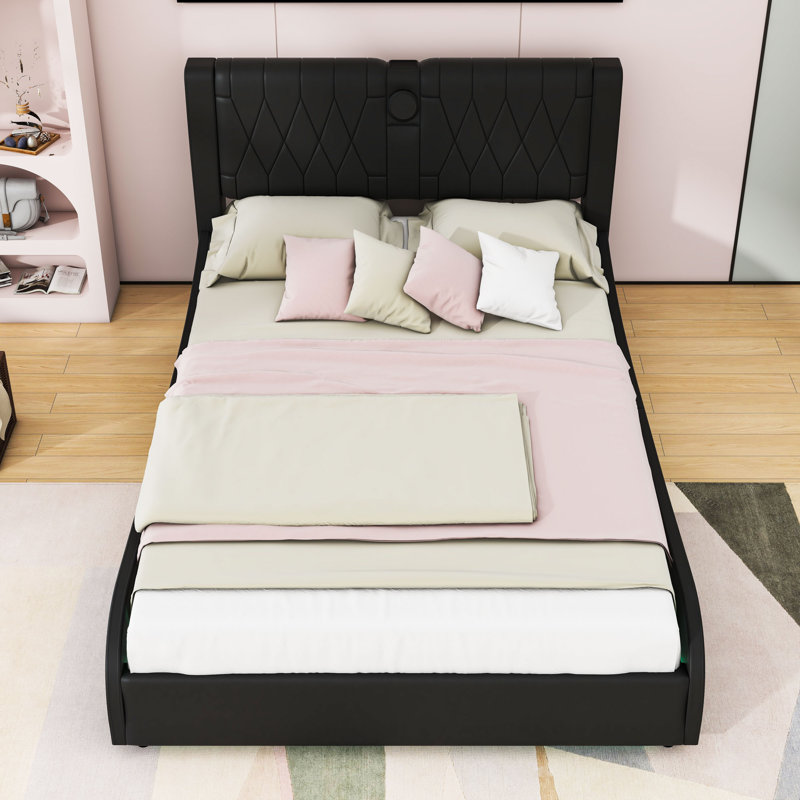 Upholstered Platform Bed with Built-in Bluetooth Speakers and RGB LED Light, Black, Full