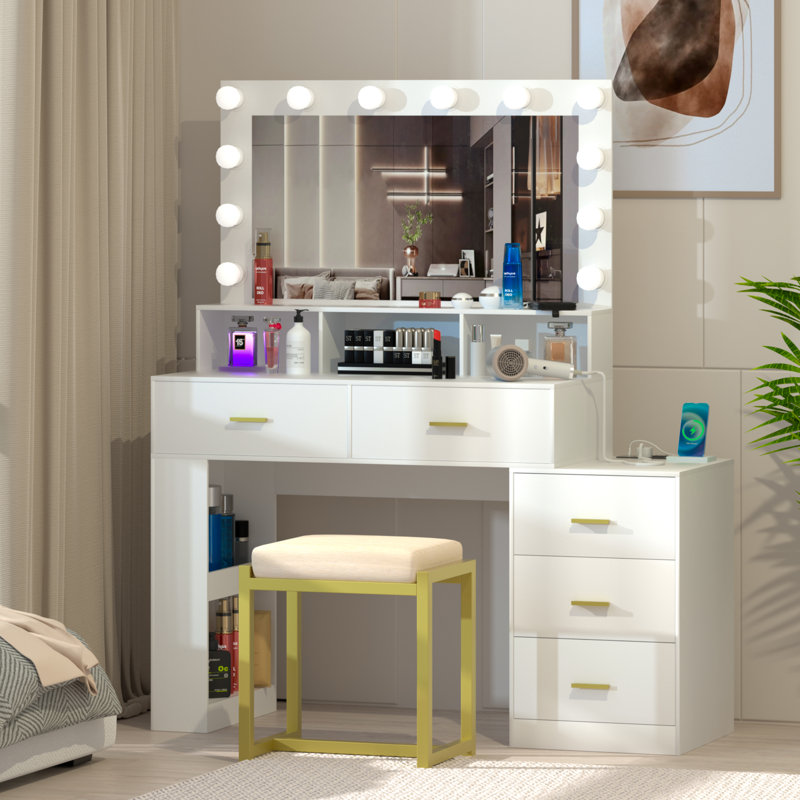 Coiffeuse avec 12 ampoules DEL et prise de courant Maxymus, Blanc