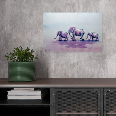 Éléphant mauve, famille, éléphant serein contemporain, impression de faune lavande