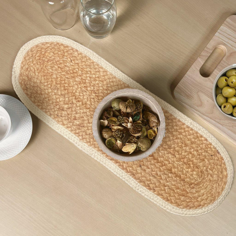 VERONA JUTE BORDER ROUND TABLE RUNNER, Natural/Ivory, 8" x 24"