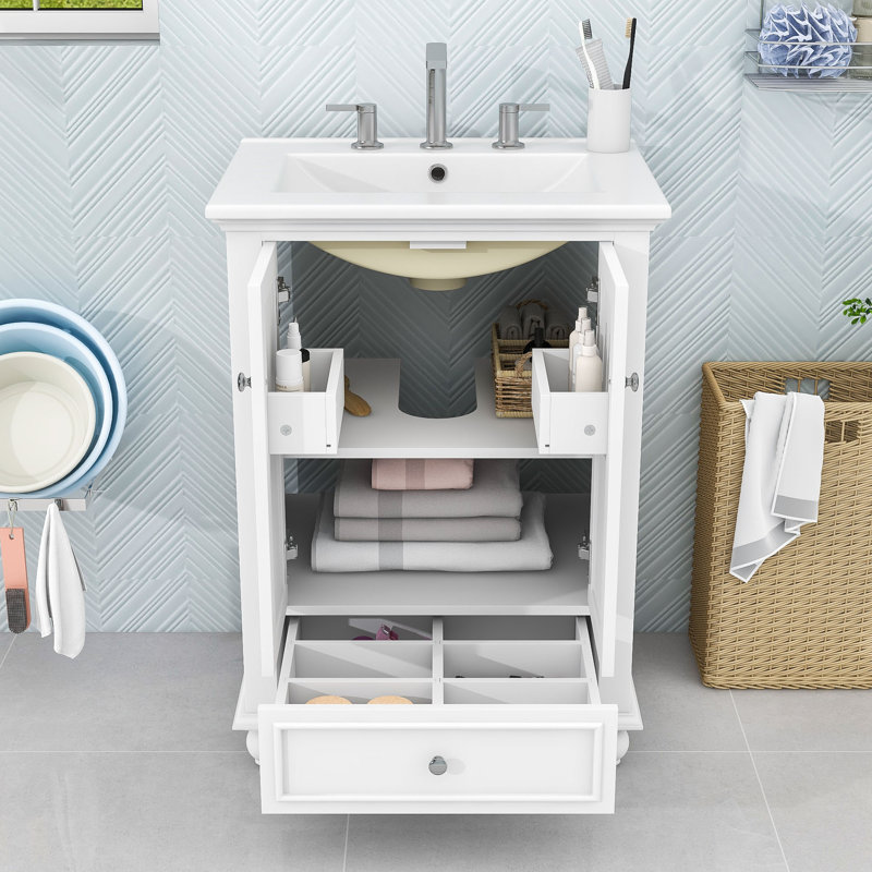 Meuble-lavabo autoportant moderne avec lavabo en céramique, portes à fermeture douce et tablette réglable, Blanc
