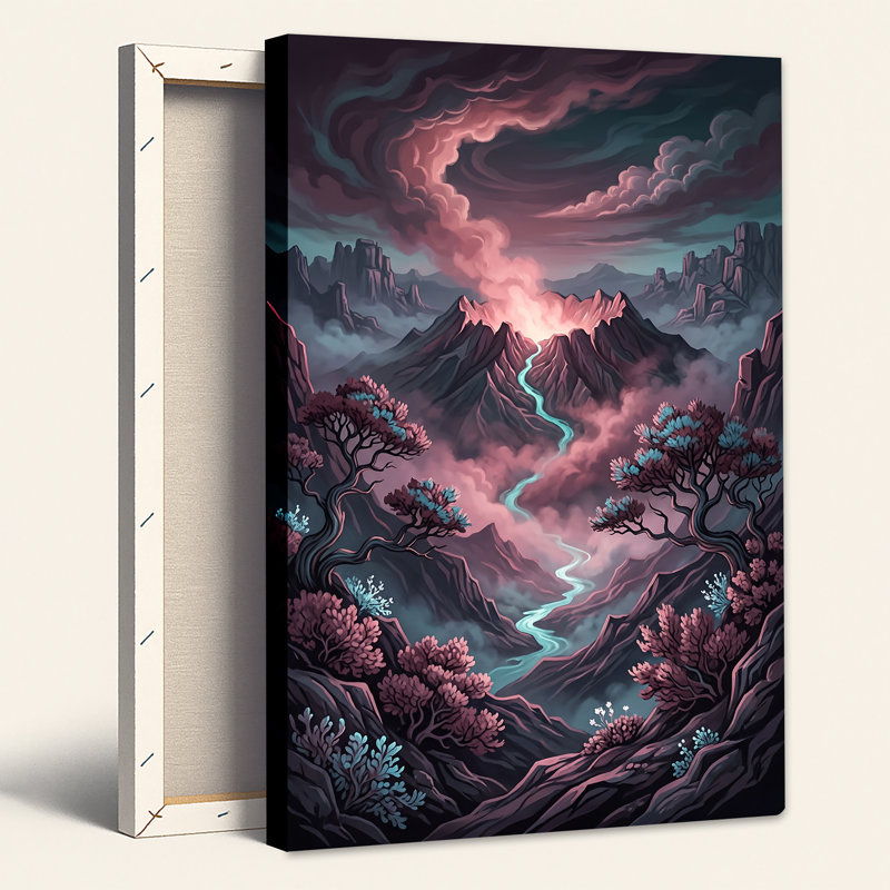 «Mauve montagnes et rivière incandescente avec arbres roses», art mural sur toile, 24"H x 18"W