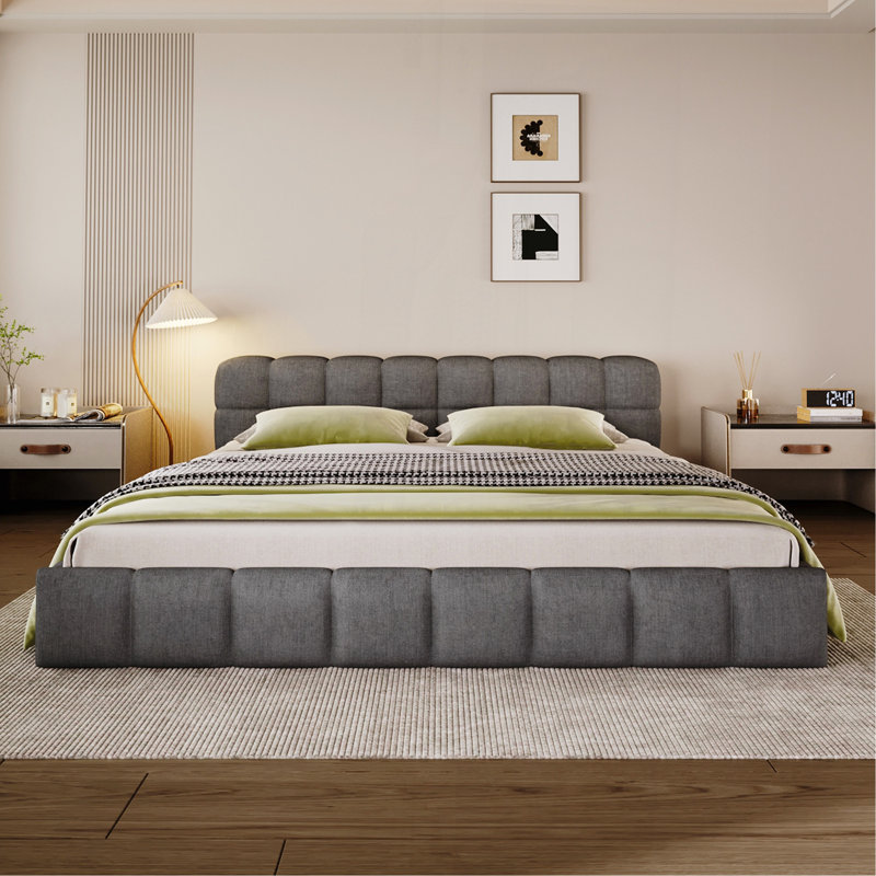 Lit tapissier élégant en chenille beige avec motif à damier, très grand, gris, Gris, Très grand lit