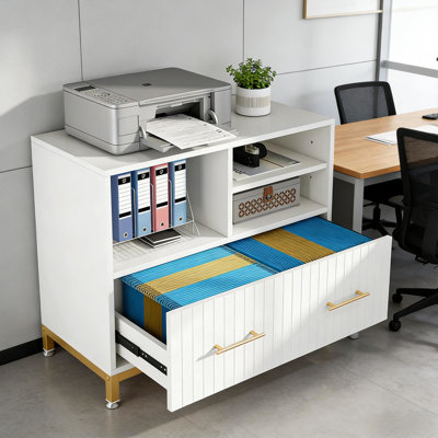 Classeur polyvalent avec tiroir, étagère ouverte et surface supérieure, pour bureau Essentials, métal doré E1, profondeur de 36,24 pouces, largeur de 15,99 po, tringle à hauteur réglable pratique de 30,91 po, 3
