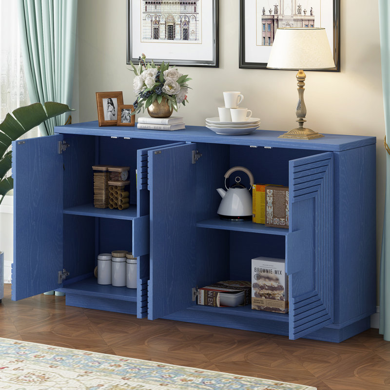 Buffet avec rangement, armoire à 4 portes à cannelures rétro avec tablettes réglables pour la salle à manger, la cuisine et le salon