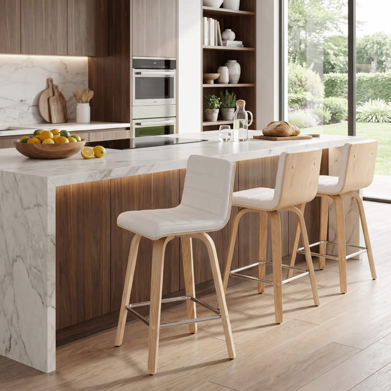 Tabouret de bar et de comptoir Biance, Naturel, Simili cuir blanc, Tabouret de comptoir (siège d'une hauteur de 26 p