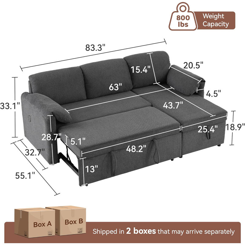 Canapé-lit modulaire en L de 83 po avec chenille et rangement USB, Mélange de polyester gris foncé
