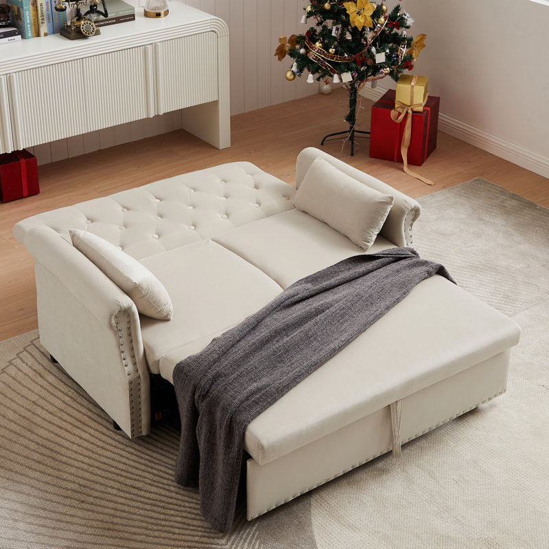 55'' Convertible Loveseat Sleeper Sofa Velvet Upholstery Adjustable Pull Out Bed Removable Armrests for Living Room