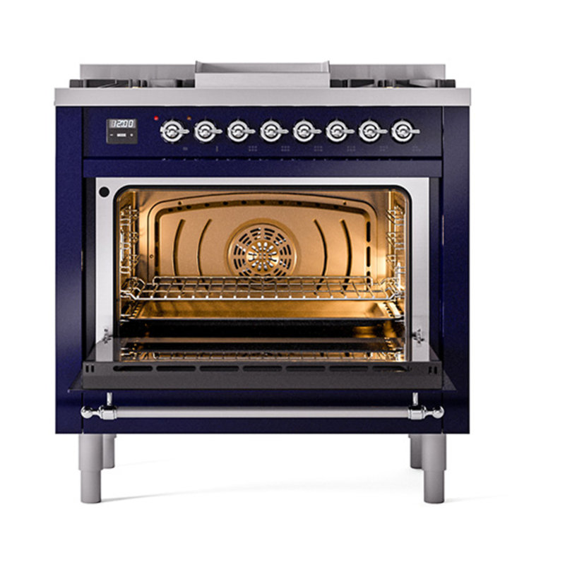 ILVE Nostalgie II Noblesse 36 in Dual Fuel Range, Midnight Blue/Chrome, Liquid Propane