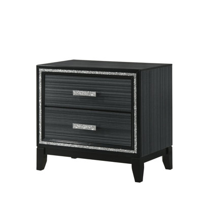 Black Contemporary Wooden Nightstand With Two Drawers And Shimmering Silver Trim