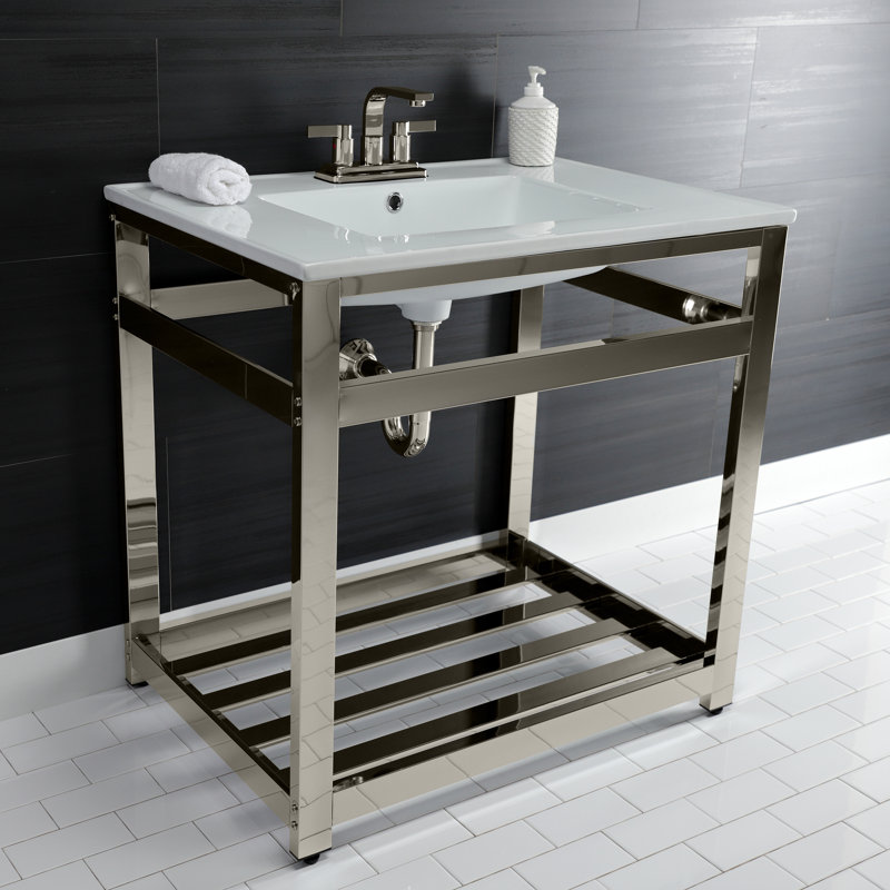 Kingston Brass Quadras 31-Inch Ceramic Console Sink with Steel Base and Shelf, White/Polished Nickel, 4" Centers
