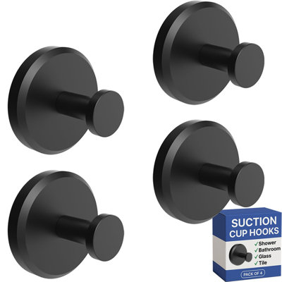 Suction Cup Hooks For Shower & Bathroom Towel Holder 4-Pack – Suction Cups Hooks For Hanging Towels, Robes, & Coats - Tiles, Glass Door Or Mirror – Shower Hooks & Towel Hooks Organizer - Black