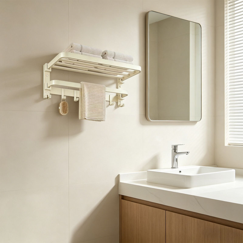 Foldable Bathroom Shelf, Wall Mounted Towel Rack, Beige
