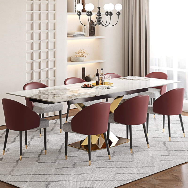 Table de salle à manger extensible de 63 à 94,5 po pour 8 à 10 personnes avec plateau rectangulaire en pierre frittée et base en acier
