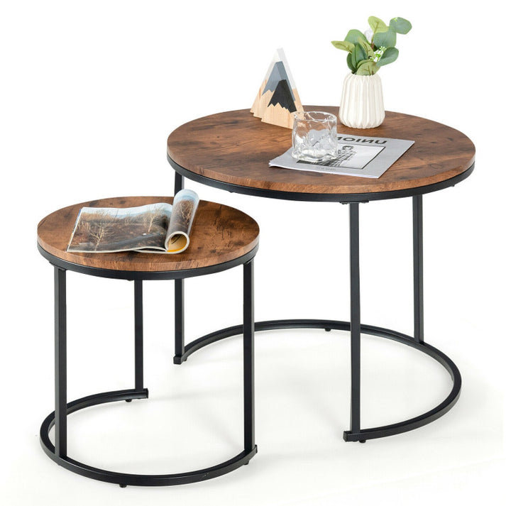 Rustic Brown Round Wood and Metal Nesting Coffee Tables, Set of 2