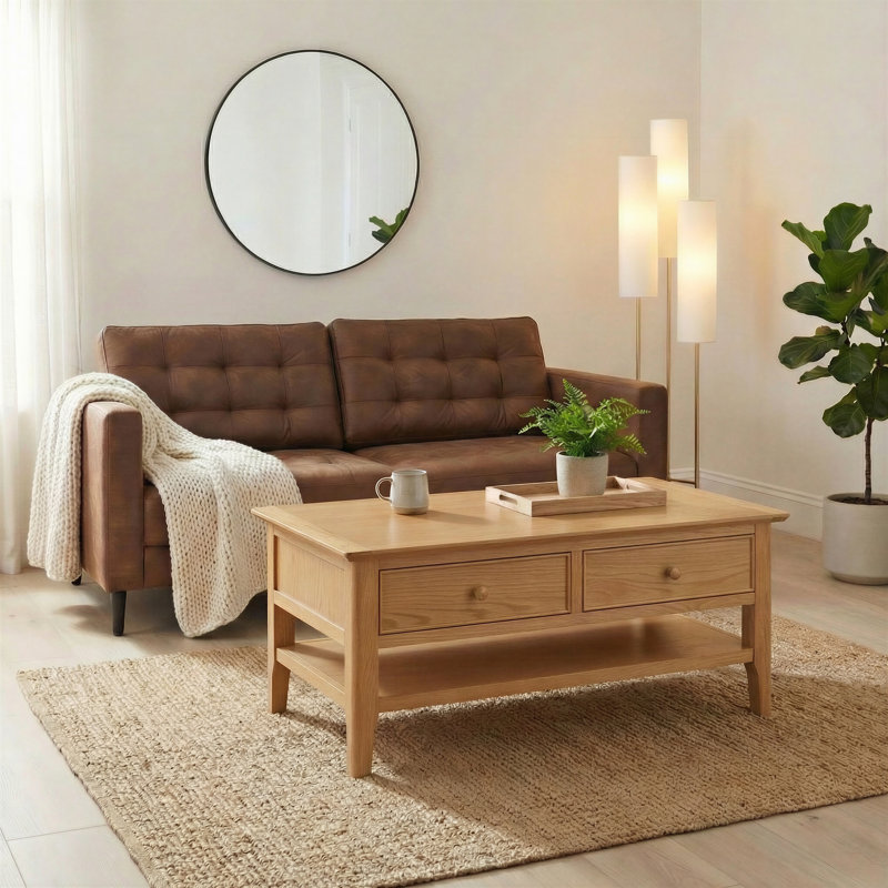 Bodkin Wooden Rectangular Coffee Table With Drawers & Shelf - Traditional Farmhouse Style, Oak