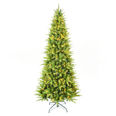 Arbre de Noël mince de 7 pi avec 400 lumières DEL blanc chaud - 1180 pointes en PE + PVC, conception à charnières peu encombrante, installation facile, support en métal robuste - arbre à crayons réaliste pour les petits espaces