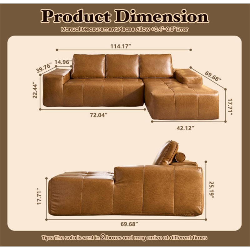 L Shaped Leather Sofa Set - Brown Upholstered Living Room Sofa,No Assembly Required, Right