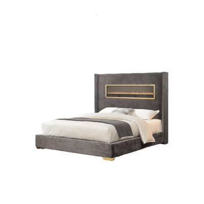 Contemporary Style Gray Eastern King Size Bed Upholstered Fabric Bedroom Furniture Beautiful Platform Bedframe