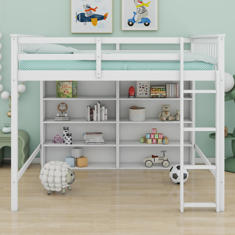 Lit mezzanine avec tablettes de rangement ouvertes, Blanc antique